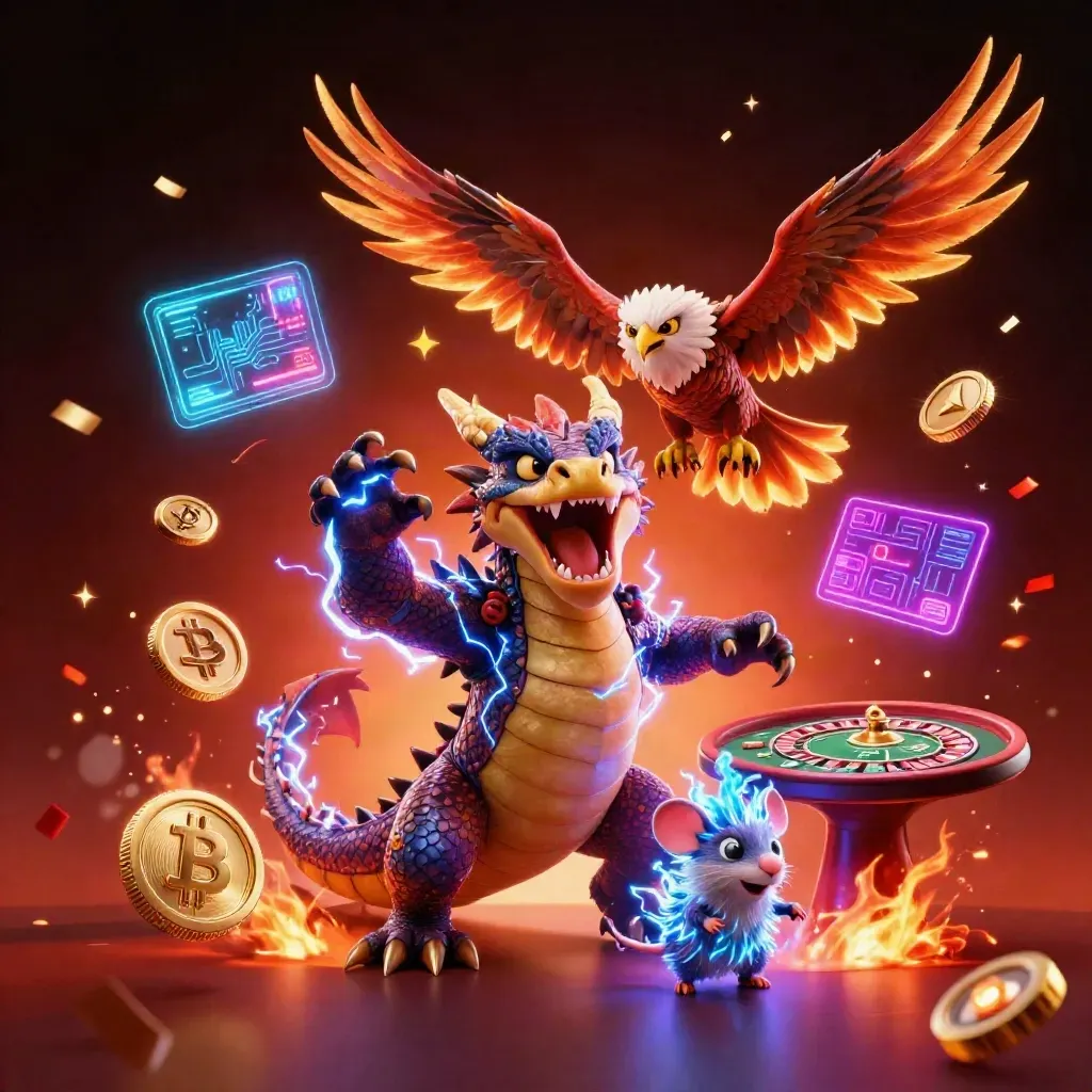 Thunder dragon, glowing hawk and static mouse amid casino treasure, lightning and fireworks.