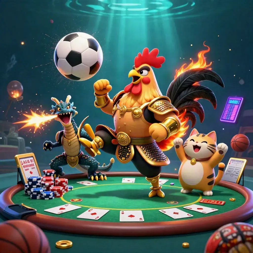 Rooster warrior, dragon hatchling and fortune-cat amid casino chips and sports balls