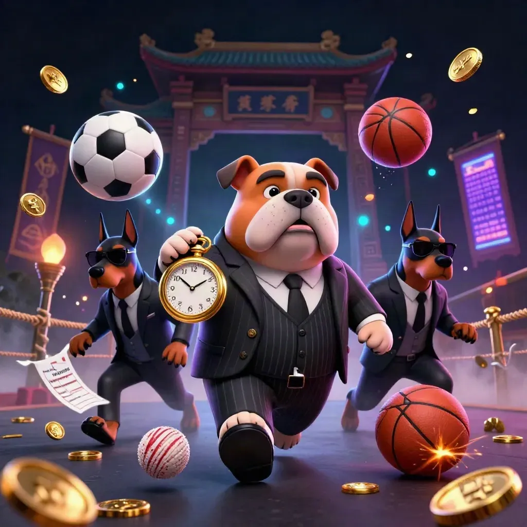 Bulldog and Dobermans burst through a glowing cricket scene with gold sparks, coins, and sports balls.