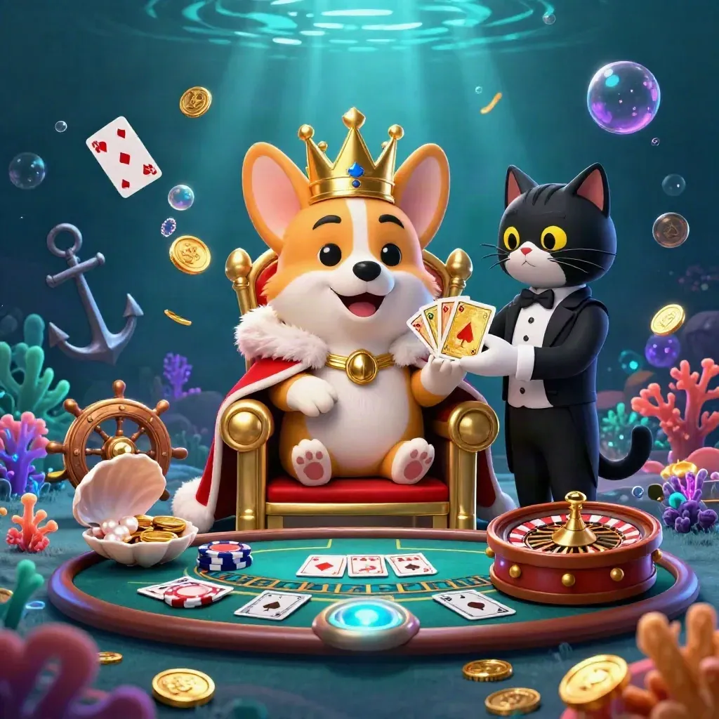 Royal corgi and cat butler in an underwater casino treasure cove with gold coins and glowing cards