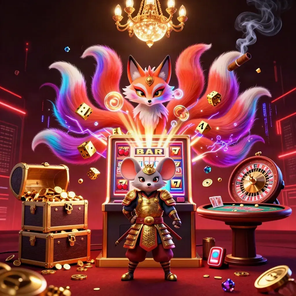 Fox spirit and samurai mouse amid casino magic, gold, smoke, neon energy, and jackpot chaos