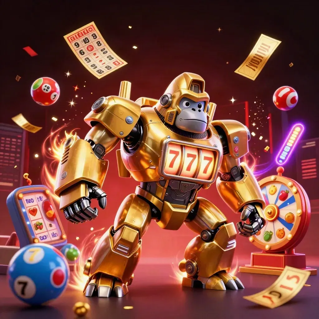 Golden gorilla mech with tiny monkey pilot amid casino treasures and violet energy
