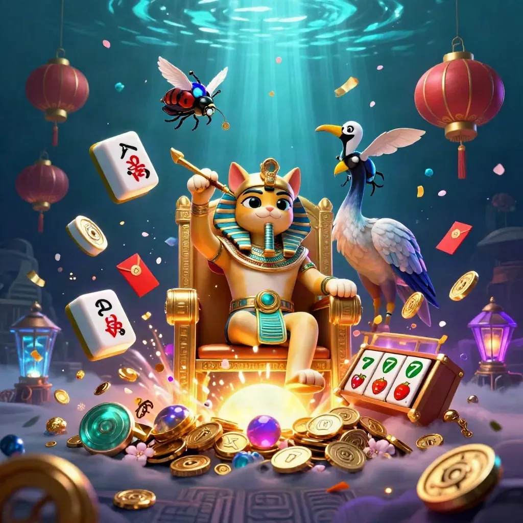 Pharaoh cat, ibis scribe and gem-wing scarabs erupt in violet-lit sunken treasure.