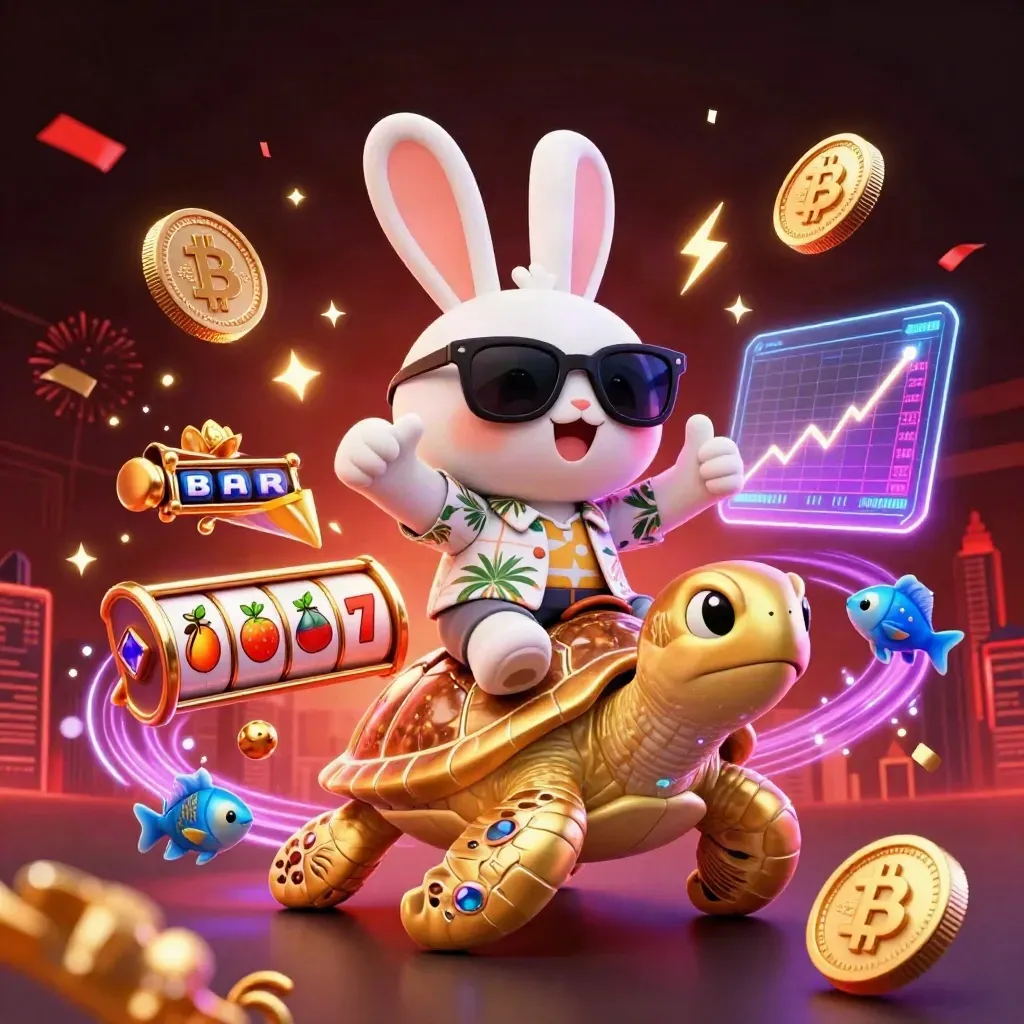 Rabbit in shades rides a golden turtle amid coins, fish, neon sparks, and casino effects.