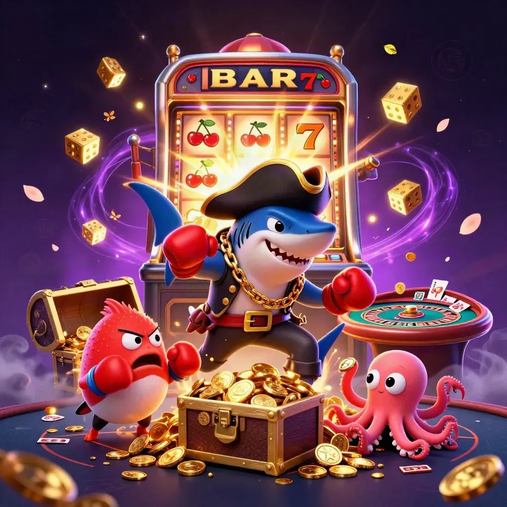 Pirate shark, pufferfish and octopus amid exploding casino gold, slots and glowing treasure.