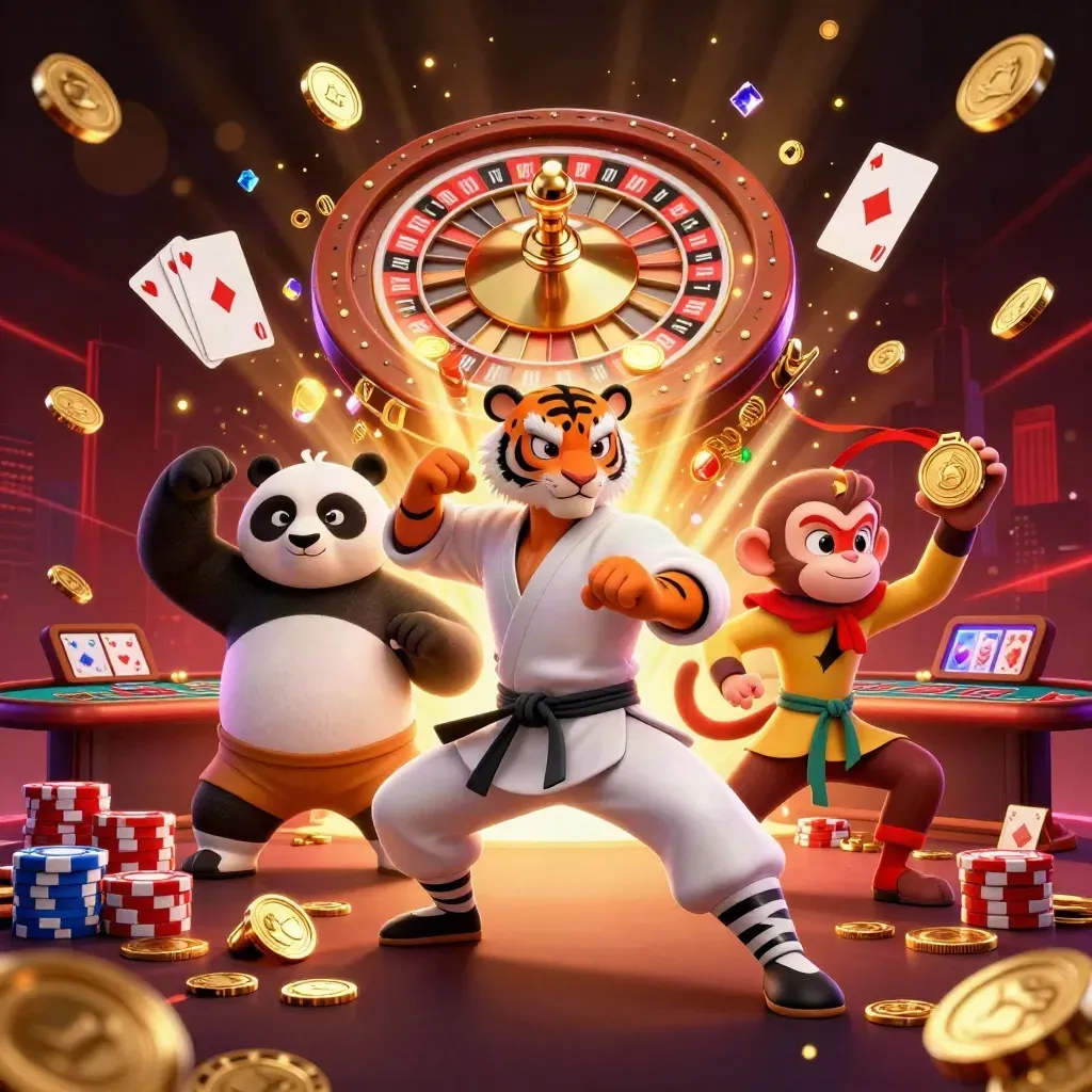 Tiger, panda, and monkey kung-fu heroes amid coins, chips, roulette, cards, and fireworks.