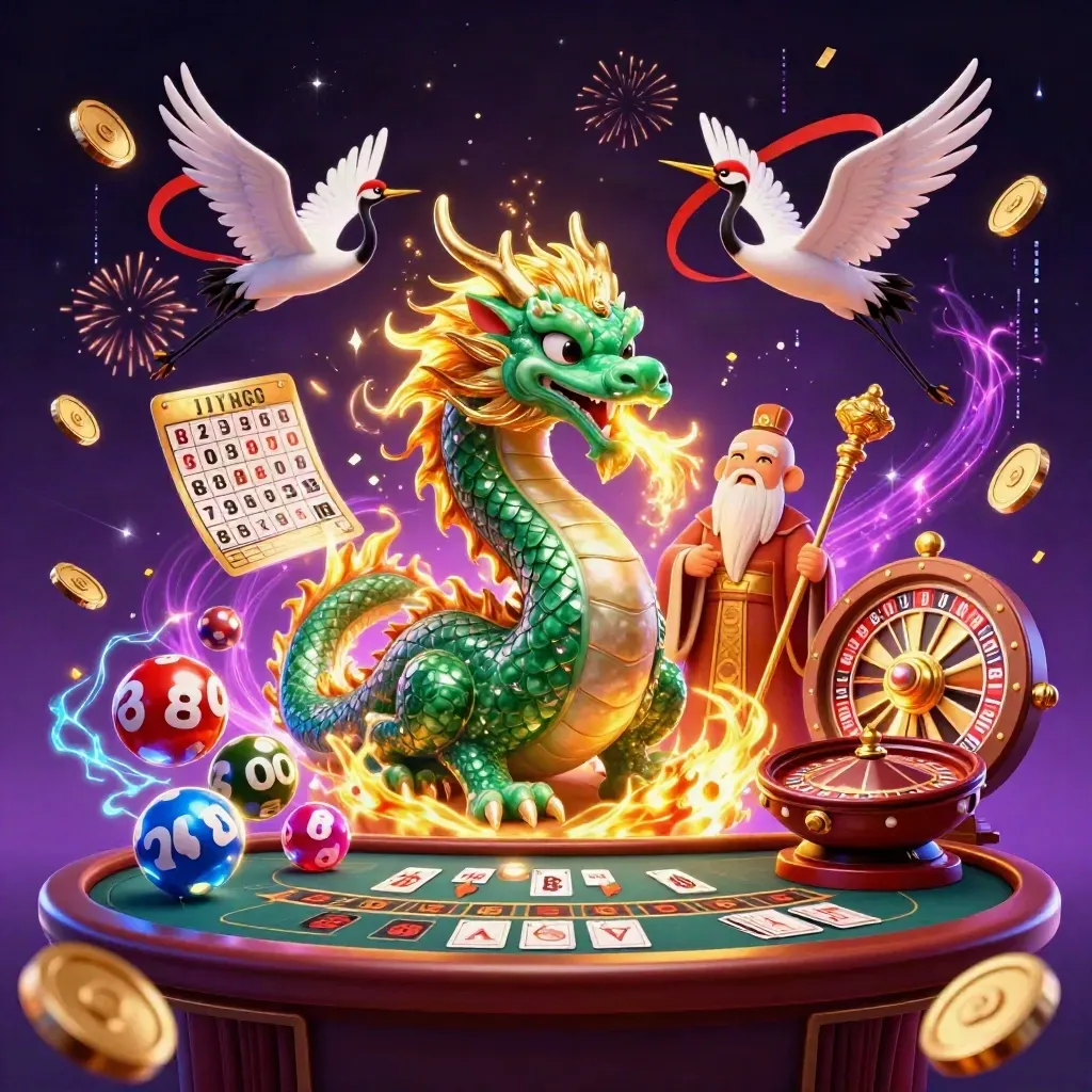 Emerald dragon, turtle sage and cranes amid gold coins, fireworks and casino symbols.