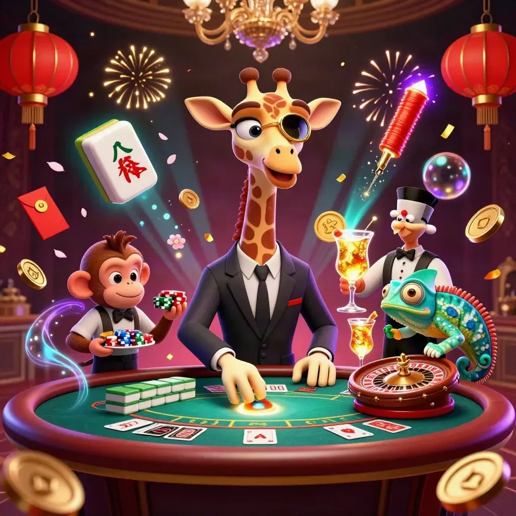 Giraffe, monkey, and chameleon amid casino coins, lanterns, cards, and fireworks in luxe neon splendor.