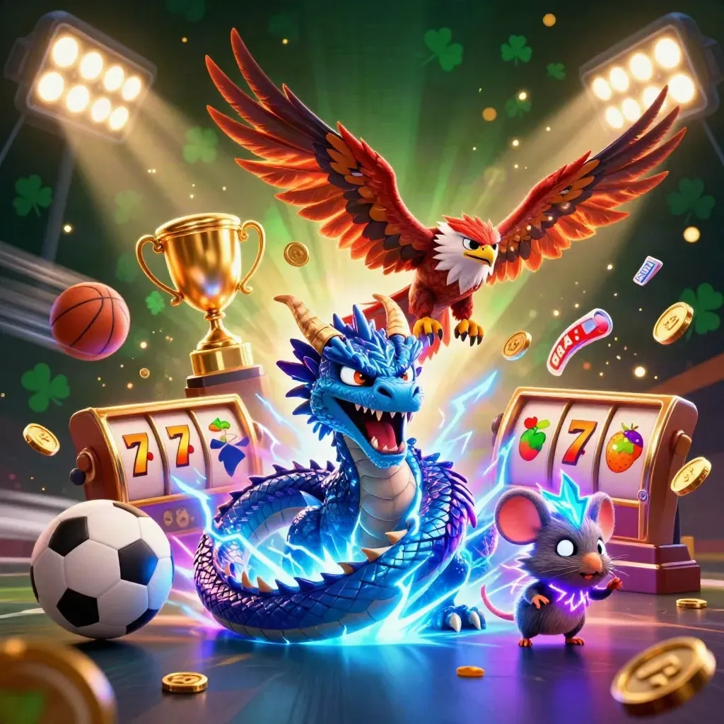 Thunder dragon, wind hawk, and mouse amid casino symbols and lightning