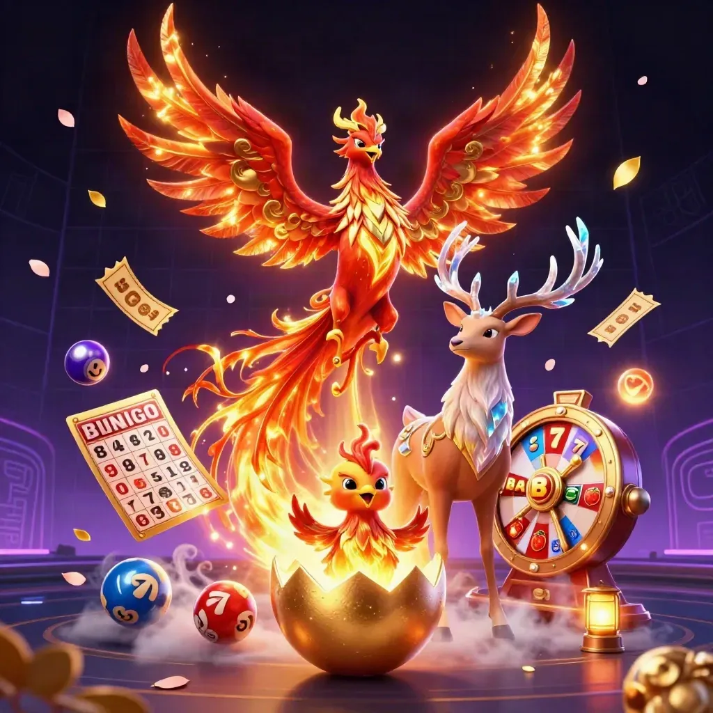 Phoenix, hatching egg, and crystalline stag amid casino symbols on a neon-dark fantasy background