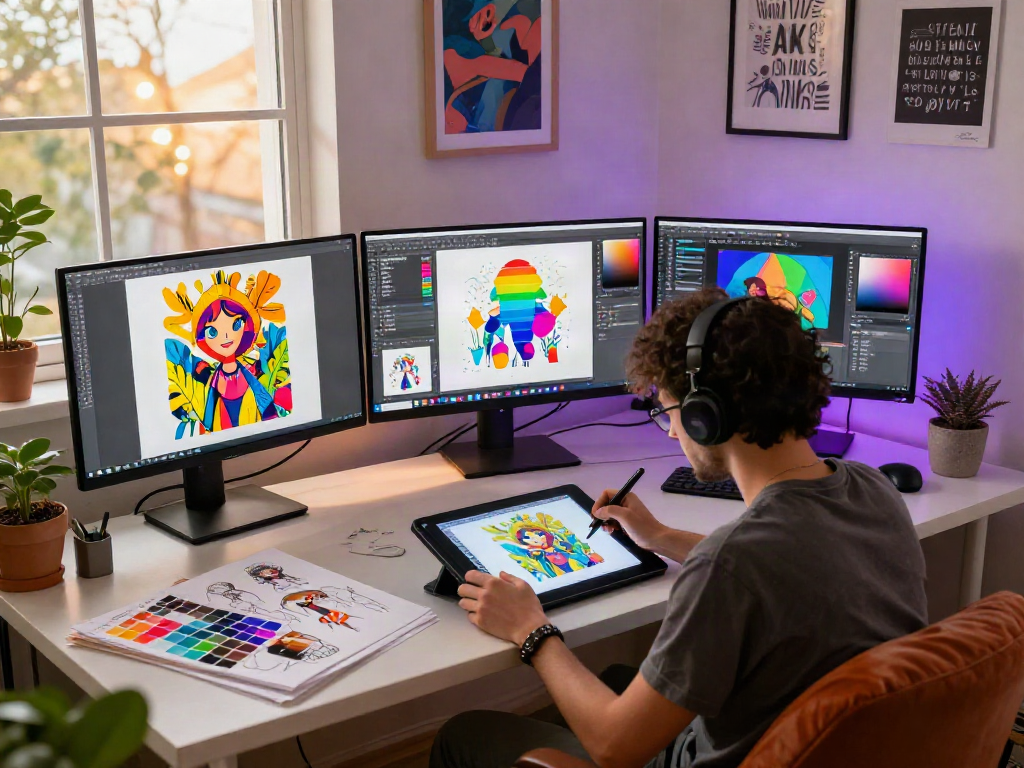 Creating vibrant nsfw ai-themed illustrations in a modern digital art studio.